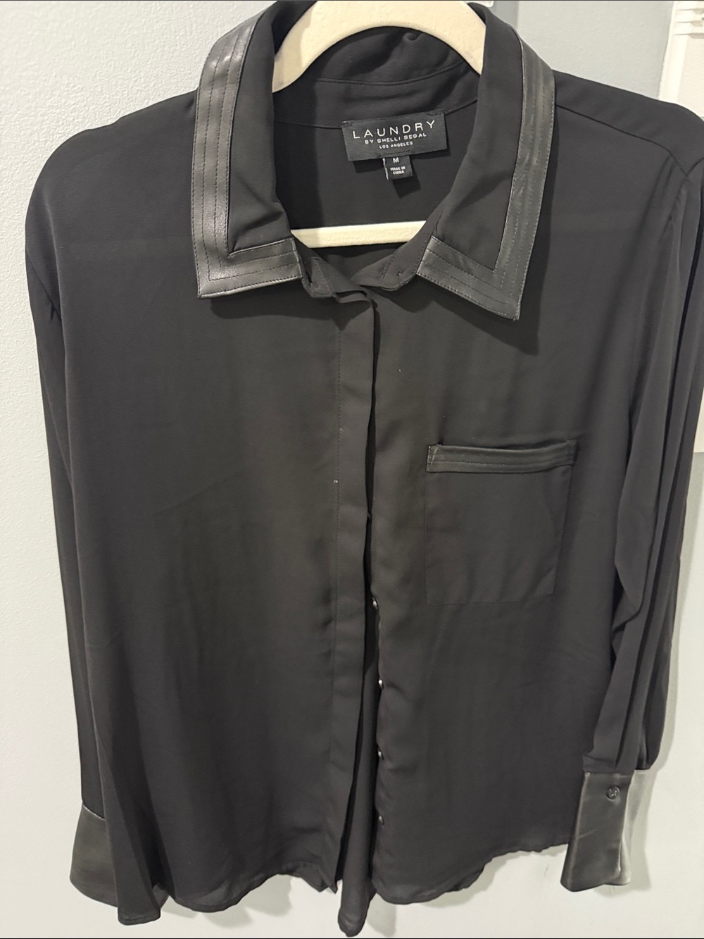 Laundry By Shelli Segal Black Blouse with Faux Leather-Trim Collar